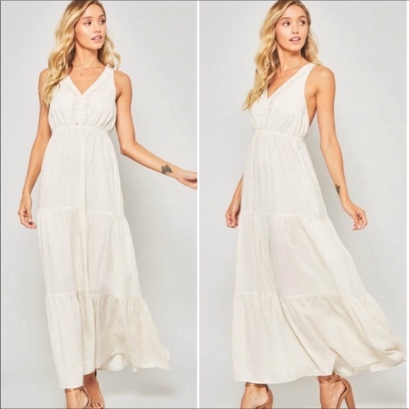 ECRU BOHO LOW BACK CROSSED STRAPS MAXI DRESS - Picture 5 of 6